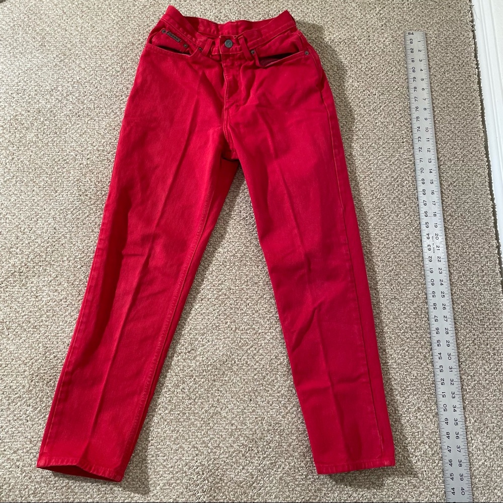 Calvin Klein 10P red high waist cinch bright red jeans straight leg 100% cotton